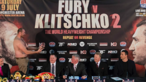 Tyson Fury and Wladimir Klitschko at the press conference today in Manchester. 
