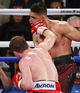 Big right hand: Canelo lands a right hand that brought an end to the night. 